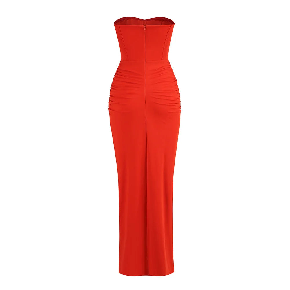 Summer Women Sexy Strapless Bodycon Mid-calf Bodycon High Split Dress Fashion Wedding Mermaid Celebrate Party Dress