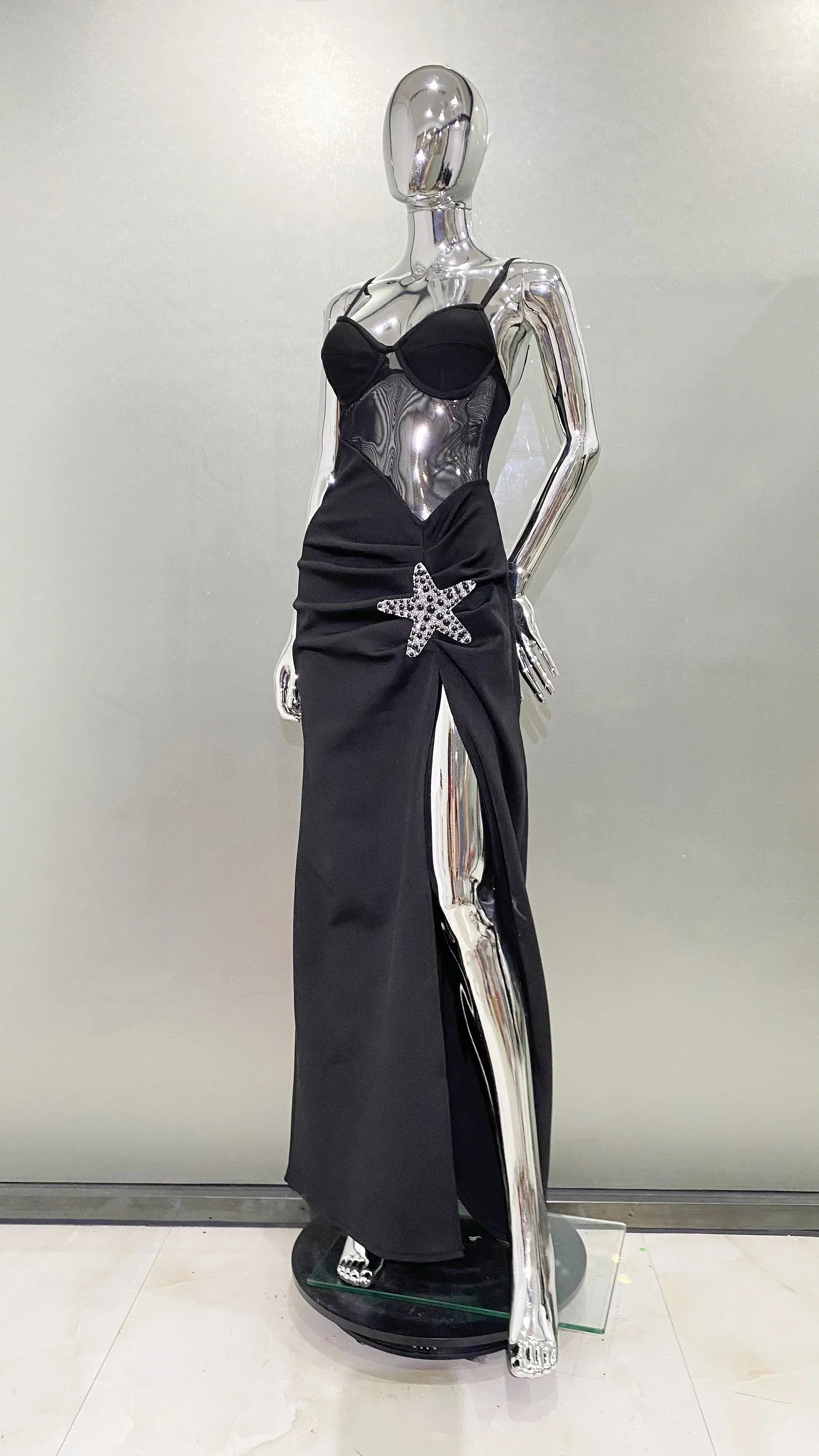 2024 Starfish Sexy See Through Mesh Patchwork Bandage Spaghetti Strap Floor Length Dress  Evening Dress Celebrity Party Outfit