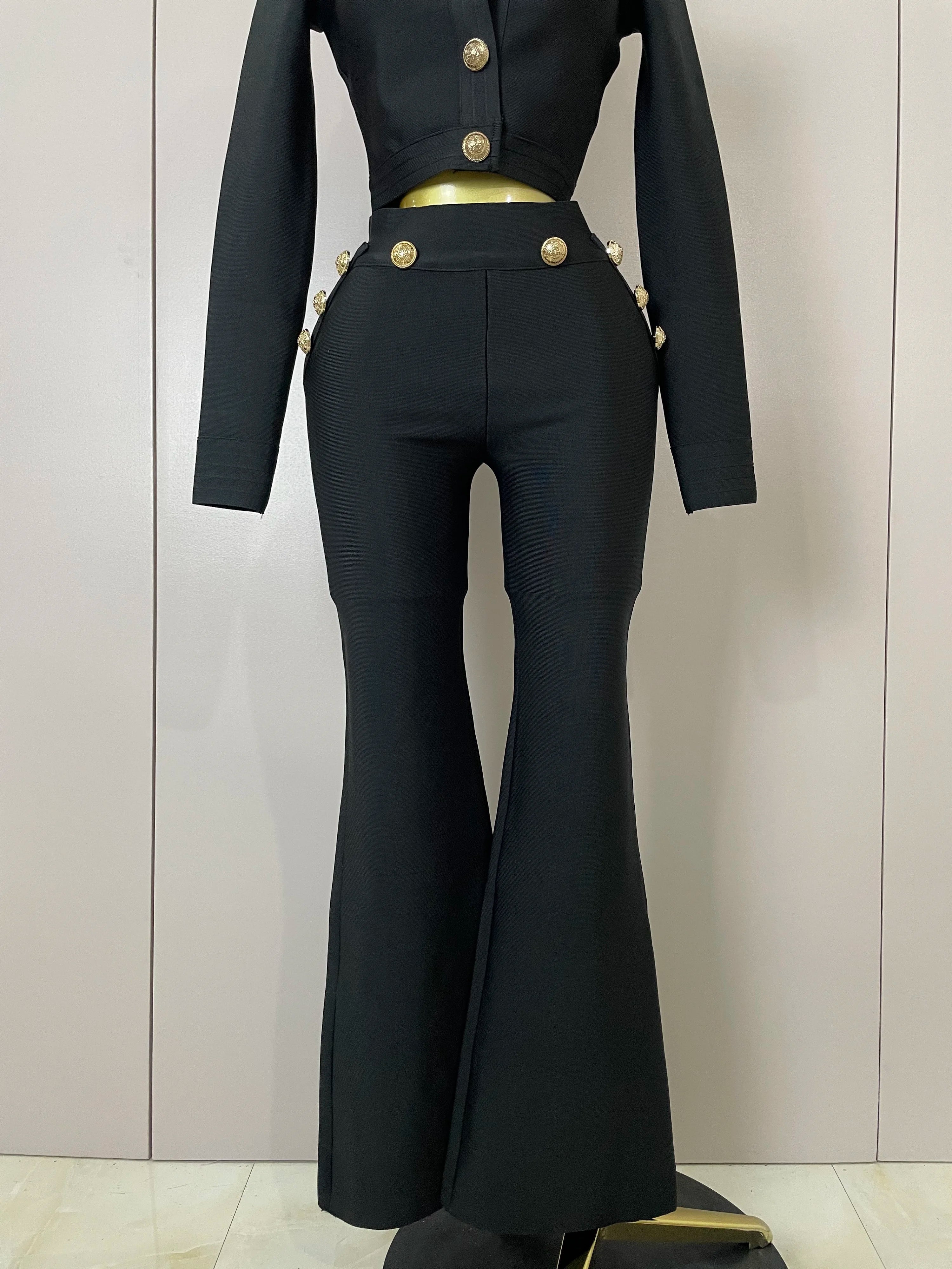 Golden Buttons Short Coat Top And Flare Pants  Bandage 2 Pieces Set Woman Celebrity Evening Party Vestidos