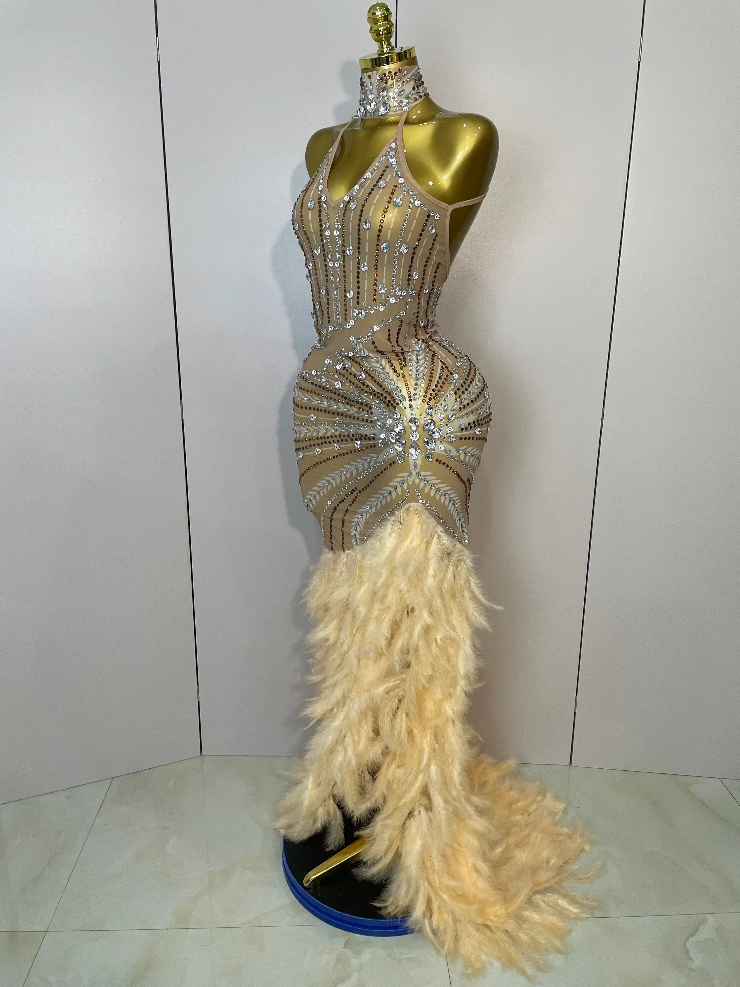 Sparkly Sexy Crystal  Floor-Length Feathers Maxi Dress  Elegant  Evening Party Birthday Performance Prom Dance Stage Costume