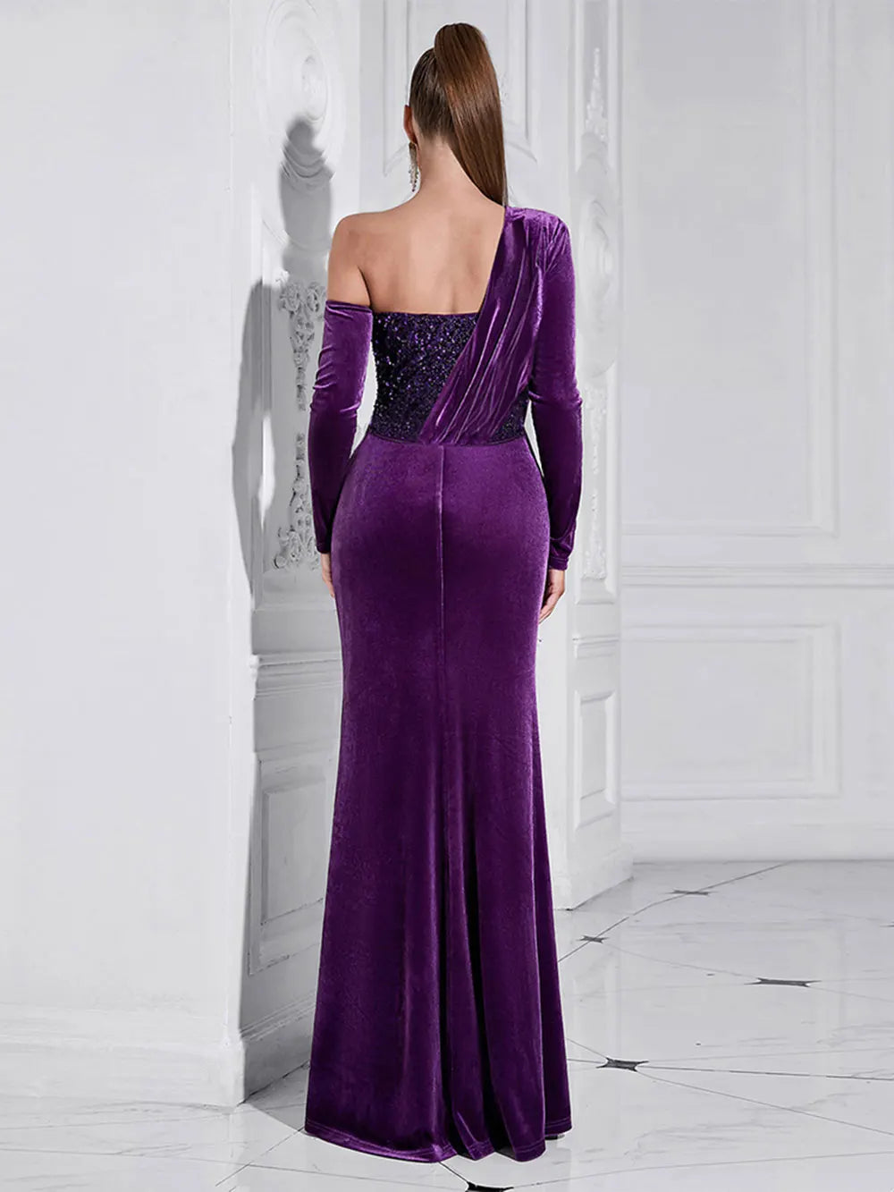 2024 Sexy Women Light Luxury Sparkle Velvet Dress with Diagonal Collar Long Sleeve Draped Bodycon Split Body Long Dress Vestidos
