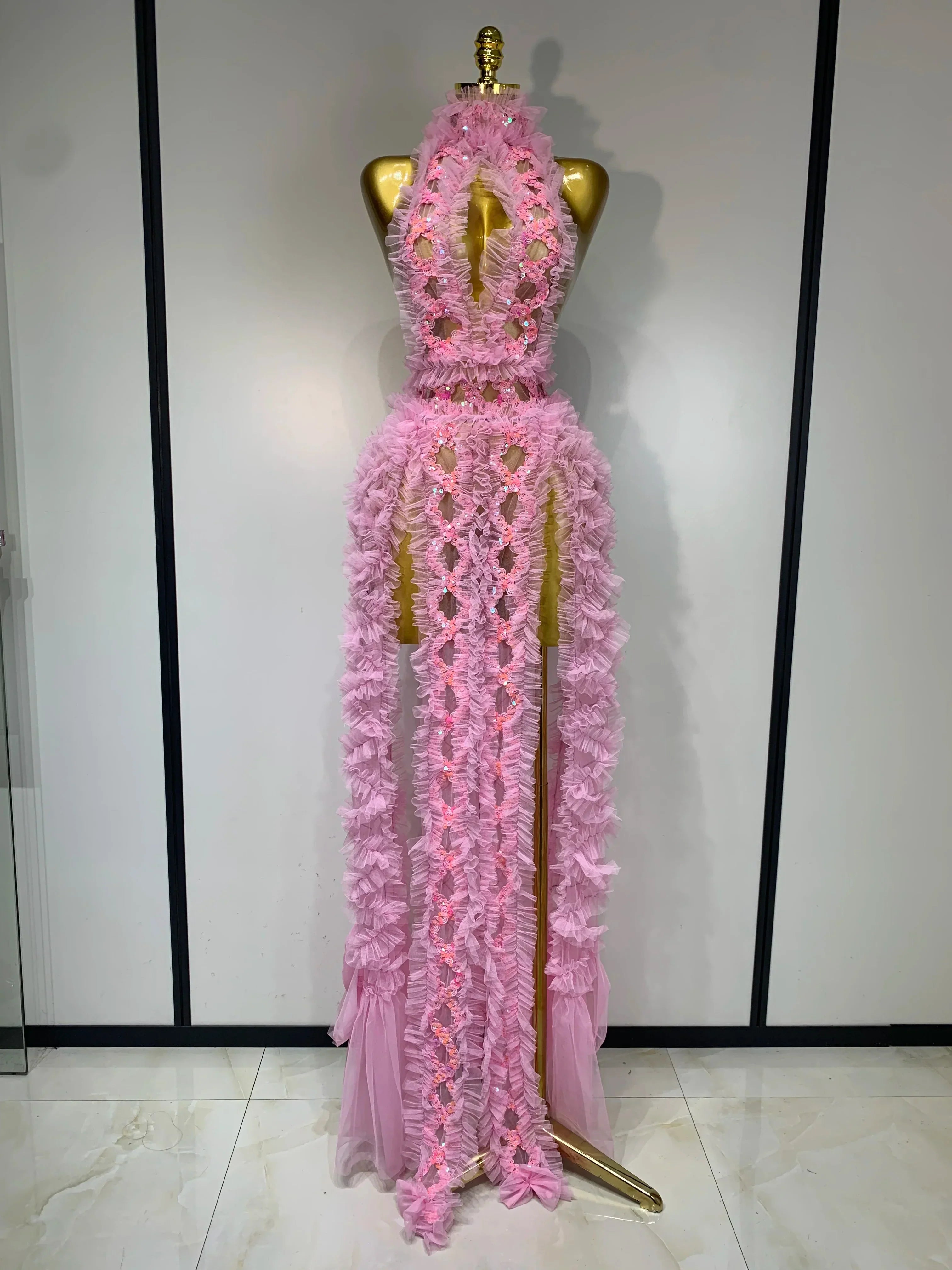 Black Mesh Sequins Sexy Halter See Through Dress Evening Party Prom Nightclub Singer Performance Costume Stage Wear Pink