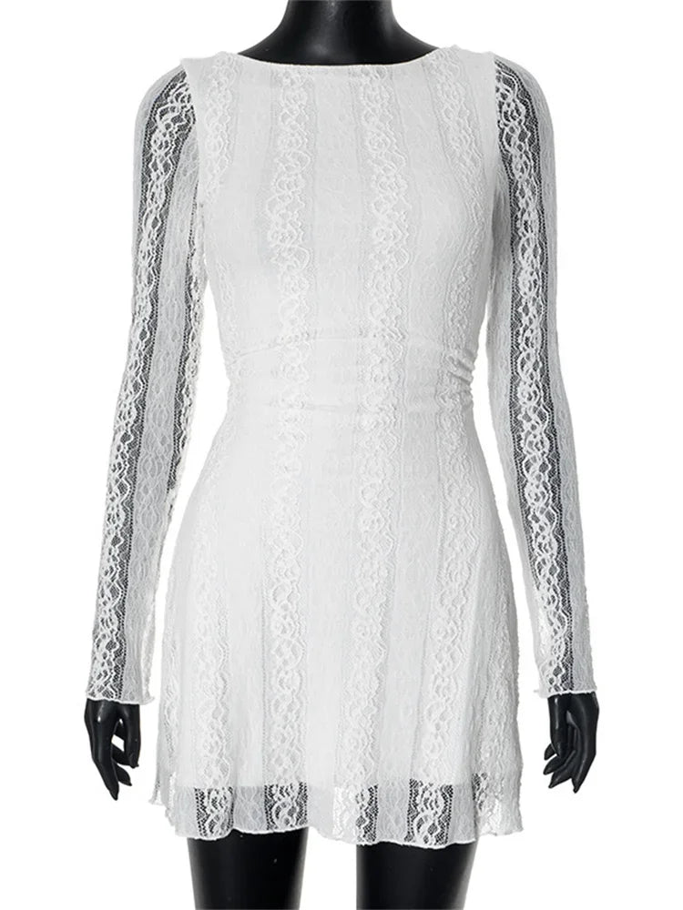 White Lace See Through Mini Dress For Women Fashion High Waist Patchwork Slim Elegant Party Dress Gown Ladies Solid Dress