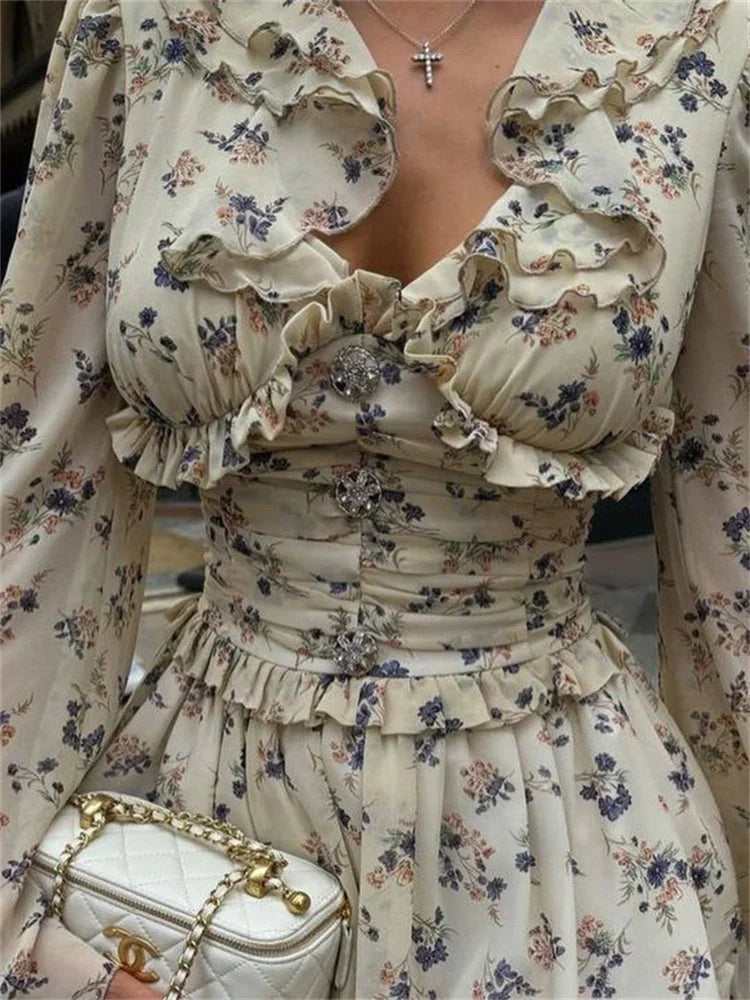 TAVIMART Ruffled V Neck Printed Mini Dress Female Bandage Autumn Fashion Lace Up Contrast Drawstring Dress For Women Party Dress