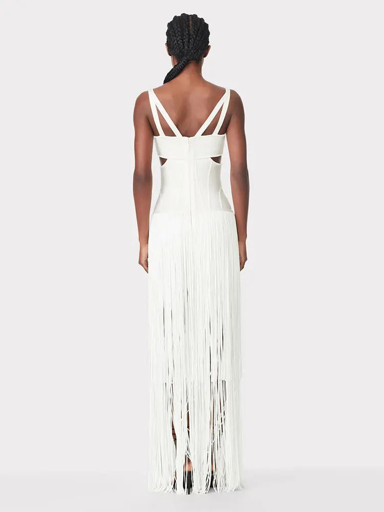 2024 Summer Sexy Tassel Bandage Dresses Women's Spaghetti Sleeveless Hollow Bodycon Long Dress Celebrity Evening Party Vesidos