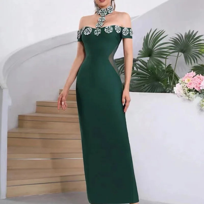 2024 Heavy Industry Beaded Women Sexy Bandage Dress Hanging Neck Style Card Shoulder Sleeve Bodycon Off Back Long Dress Vestidos