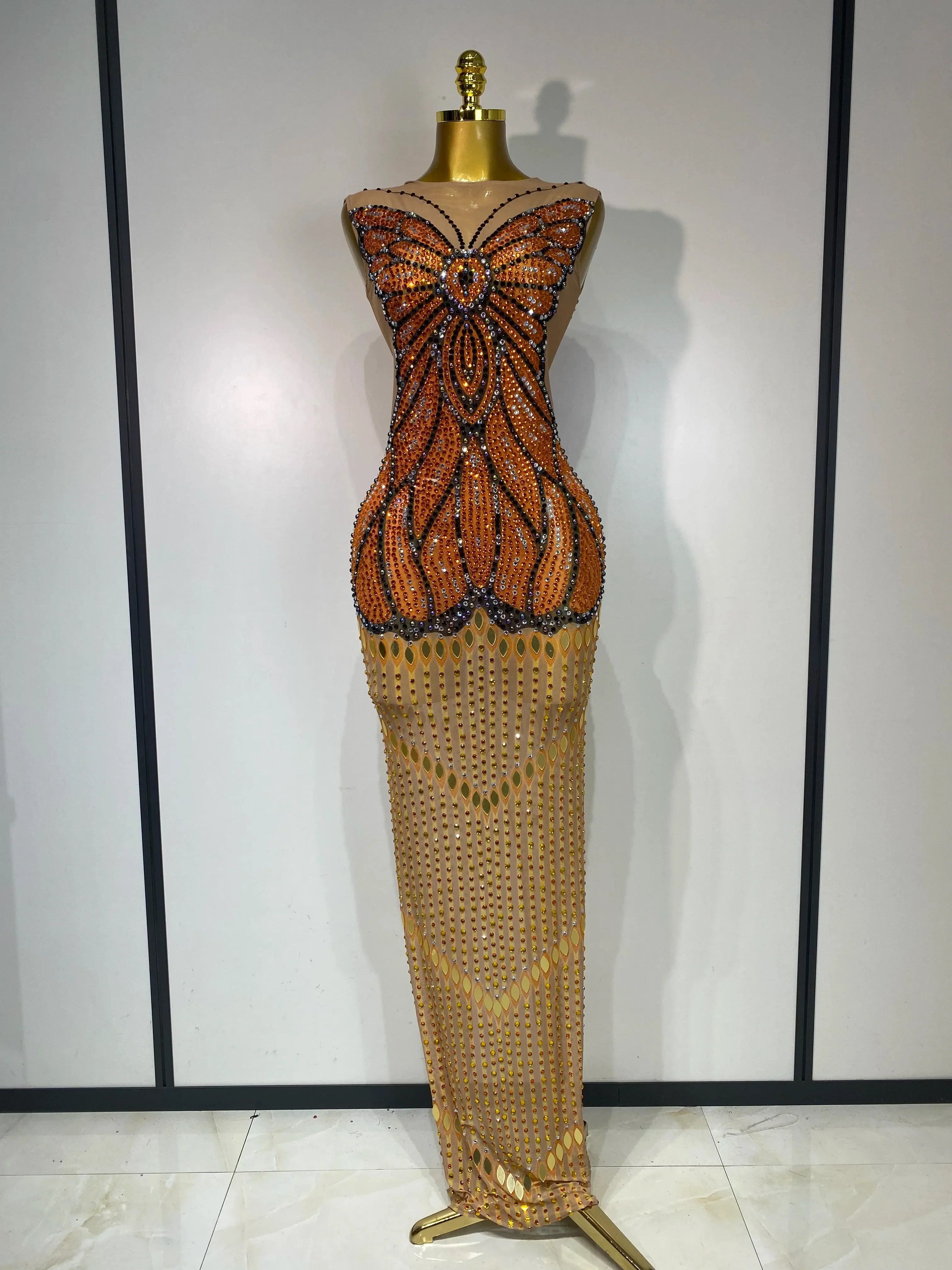 Luxury Rhinestones Mesh Long Dress Elegant Sexy Sleeveless Birthday Evening Party Gown Performance Singer Stage Outfit Long dress