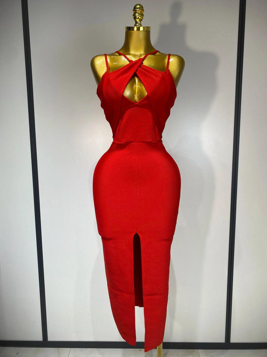 Women Sexy Sleeveless Hollow out Split Backless Black Midi Bandage Dress Celebrity Elegant Evening Cocktail Party Dresses Red