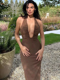Ruched Deep Vneck Halter Midi Dress