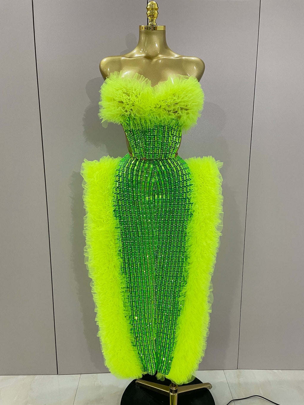 Sparkly Rhinestone Sexy Strapless Tops Skirt 2 PCS Set Women Celebrate Evening Prom Birthday Dress Nightclub Stage Outfit Fluorescent Green