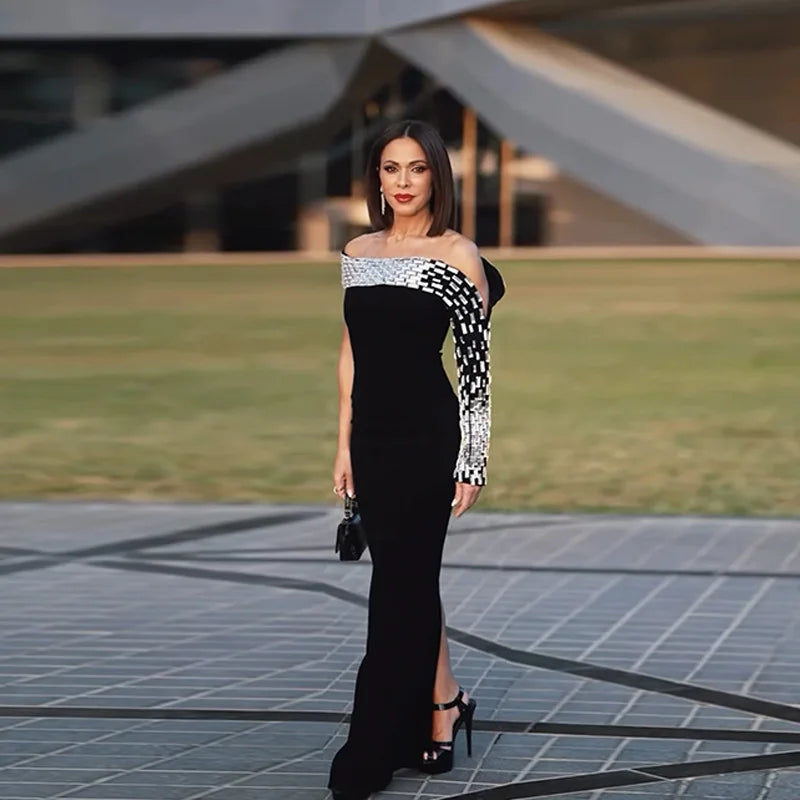 Women Sexy One Shoulder Shinning Crystal Bodycon Long Bandage Dress Elegant Evening Party Celebrity Red Carpet Wear