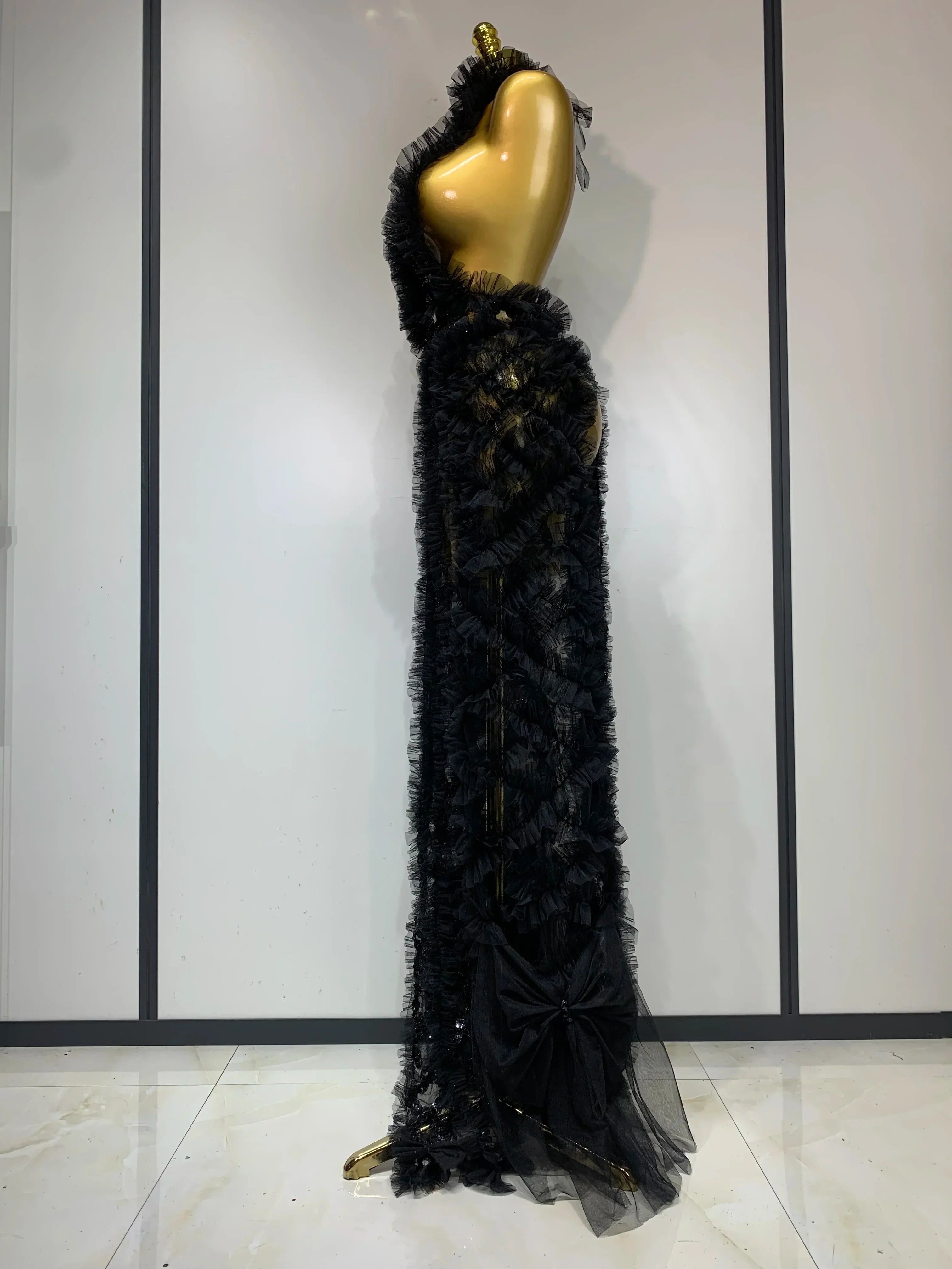 Black Mesh Sequins Sexy  Halter See Through Dress  Evening Party Prom Nightclub Singer Performance Costume Stage Wear