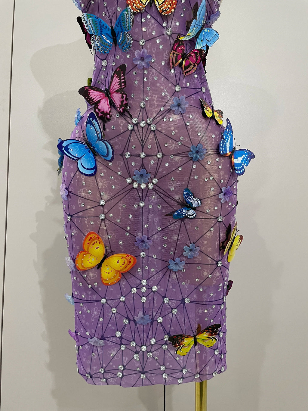 Women Celebrity Luxury Birthday Nightclub Stage Outfit  Sparkly Butterfly Purple Sexy Mesh See Through Dress