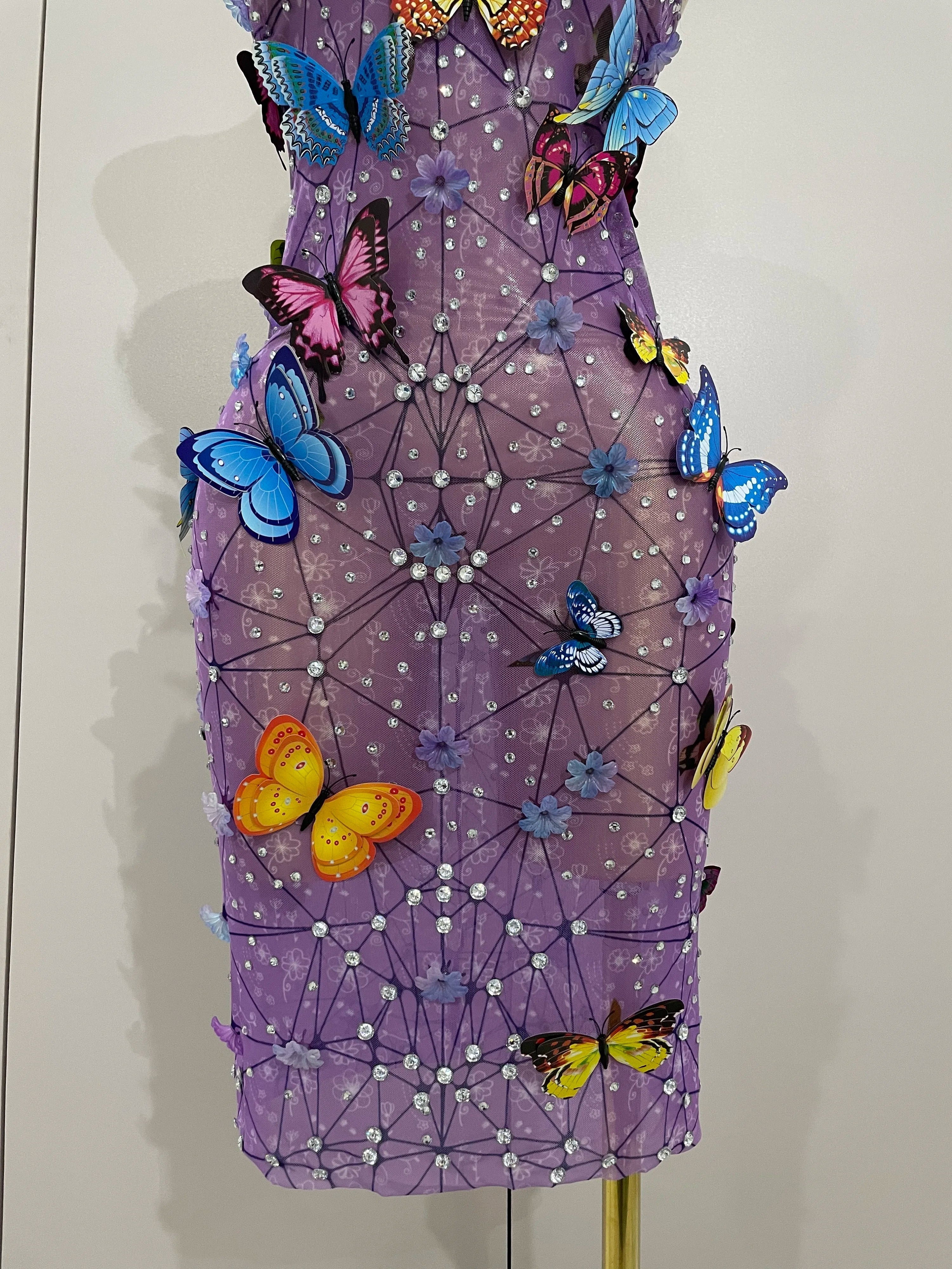 Women Celebrity Luxury Birthday Nightclub Stage Outfit  Sparkly Butterfly Purple Sexy Mesh See Through Dress