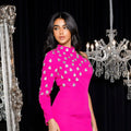 New Rosered Color Women Sexy One Shoulder Big Crystal Bodycon Long Bandage Dress Celebrate Evening Party Birthday Fashion Dress Rose Red