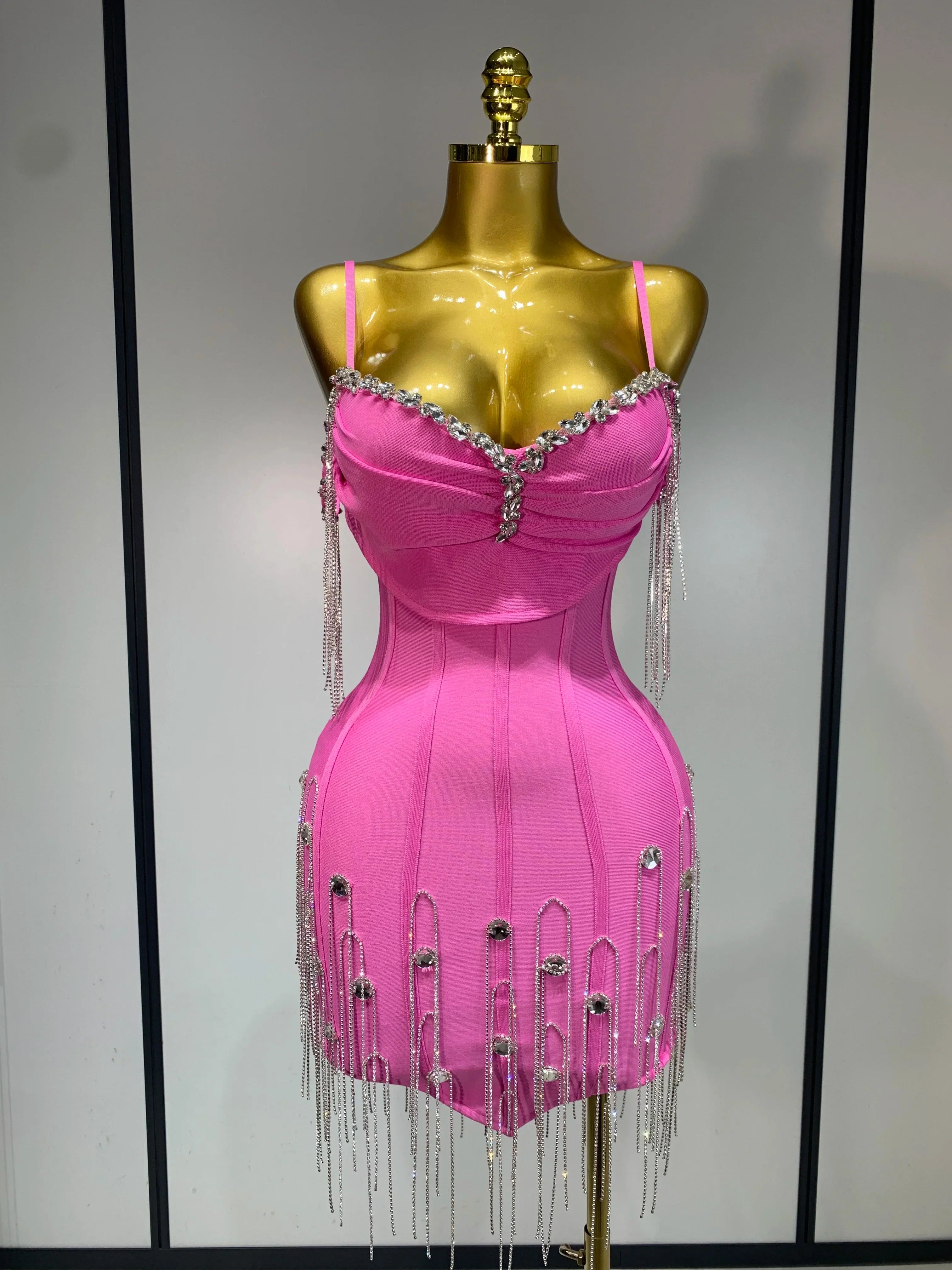 Sexy Backless Spaghetti Strap Bodycon Sleeveless Bandage Dress Elegant Prom Gown Club Evening Party Luxury Birthday Dresses Pink