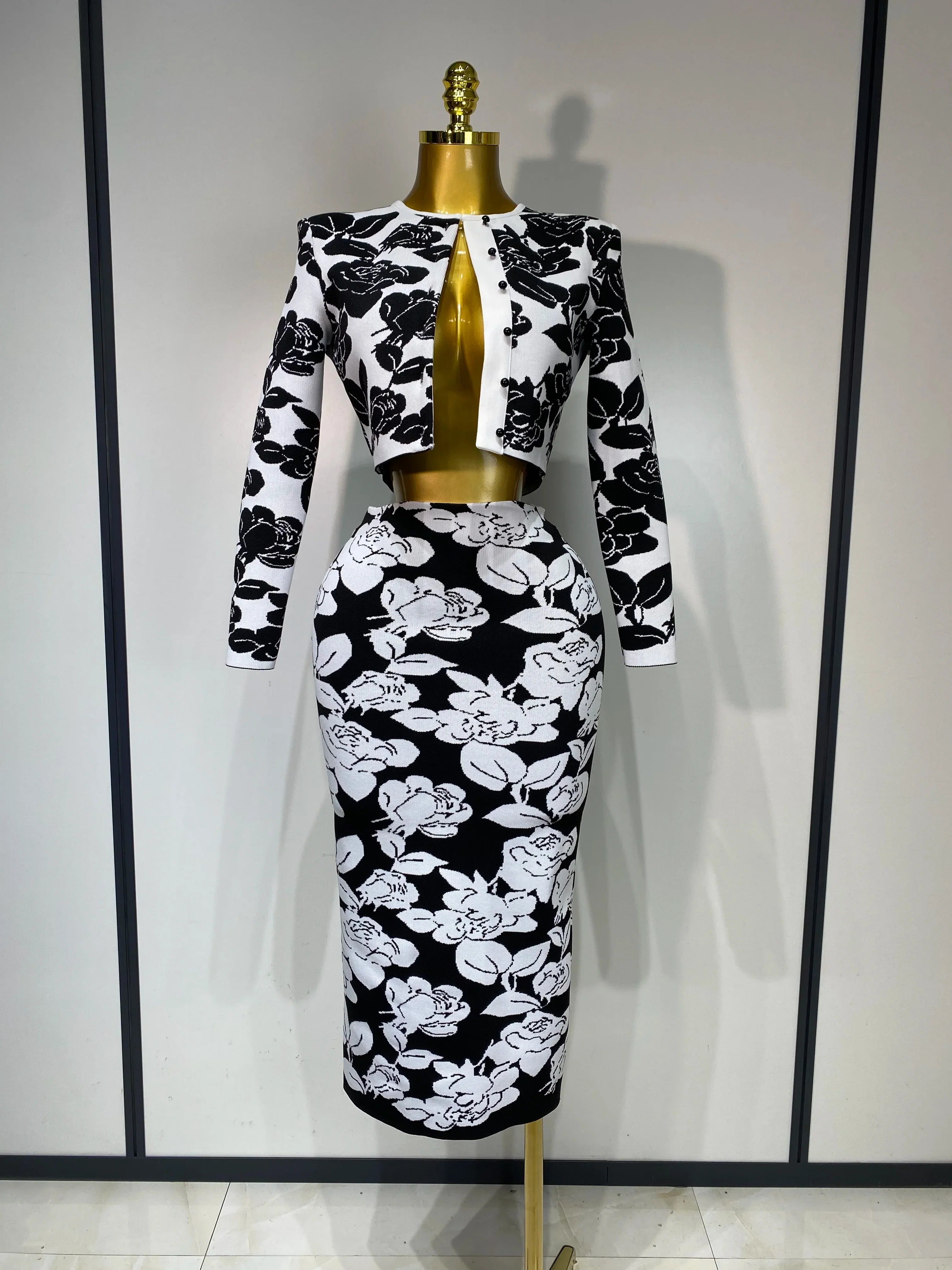 Women Long Sleeve Jacquard Weave Two Pieces Set Celebrity Red Carpet Dress Birthday Bodycon Bandage Women's Set black