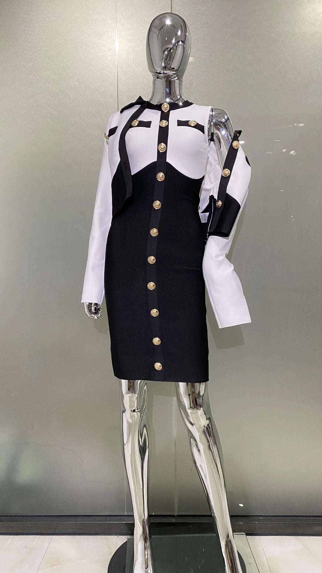 Arrivals Fashionable  Women's Bandage Set Golden Buttons White Patchwork Black Coat And Sleeveless Bodycon MIini Dress