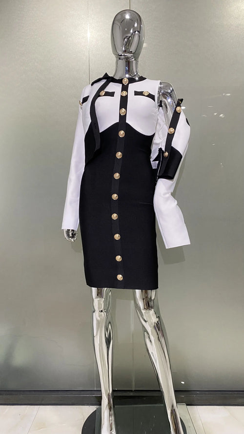 Arrivals Fashionable  Women's Bandage Set Golden Buttons White Patchwork Black Coat And Sleeveless Bodycon MIini Dress
