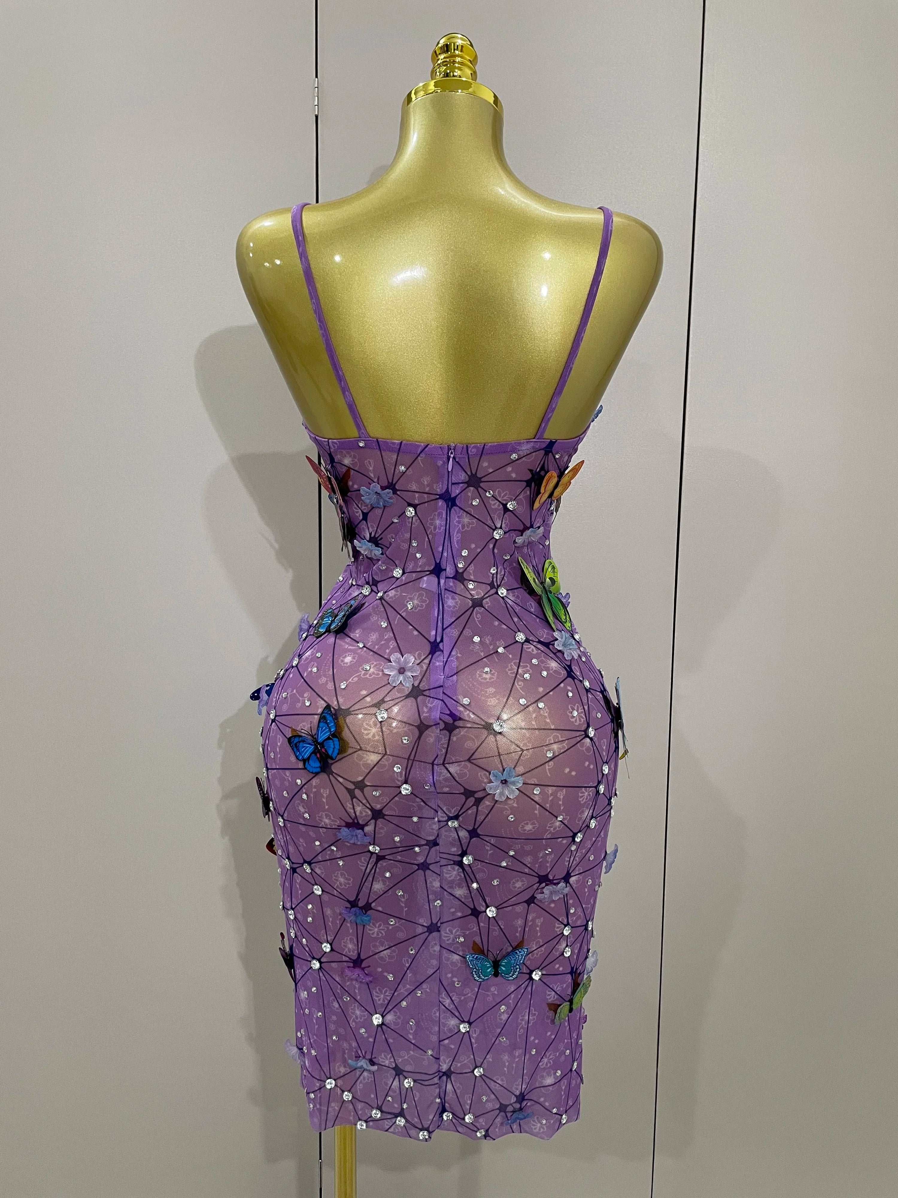 Women Celebrity Luxury Birthday Nightclub Stage Outfit  Sparkly Butterfly Purple Sexy Mesh See Through Dress