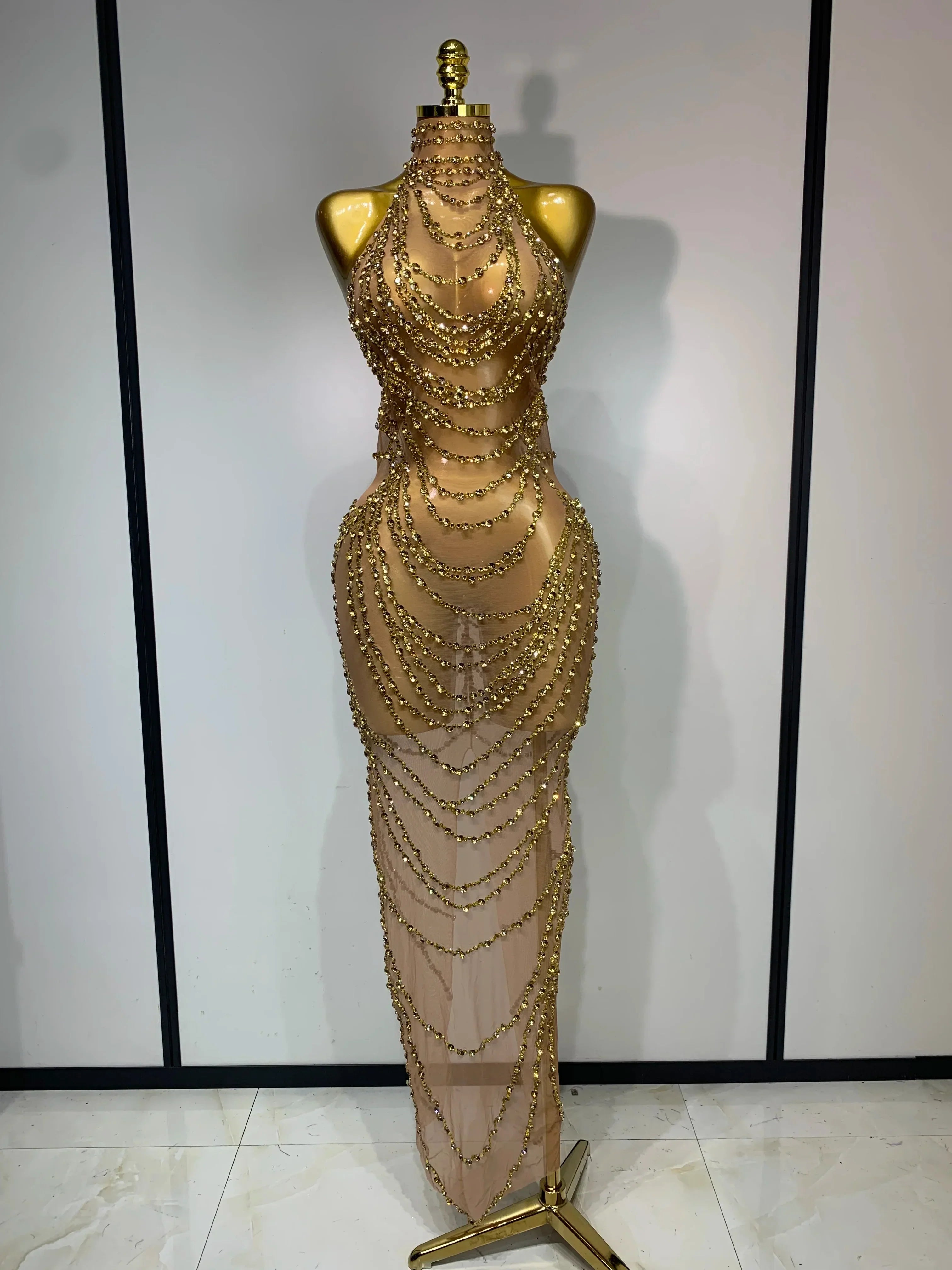 Sparkly Rhinestone Sexy Transparent Mesh Long Dress Women Luxury Birthday Club Party Gown Stage Singer Performance Costume Gold