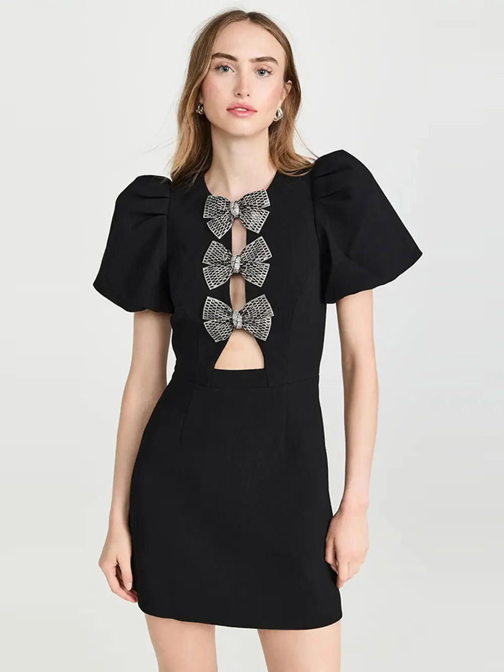 2024 Sexy Women's Water Diamond Butterfly Knot Design Bandage Dress O-Neck Bubble Short Sleeve Hollow Bodycon Mini Dress Vestido black