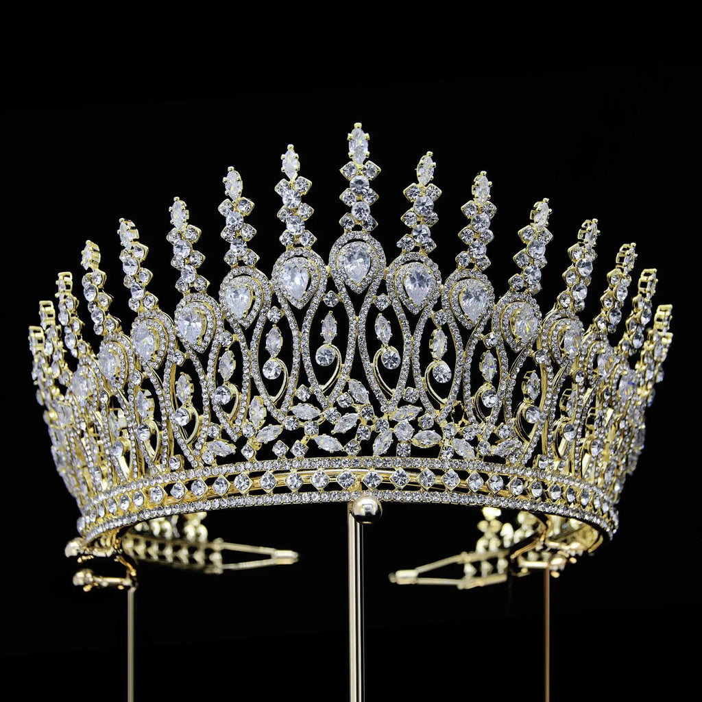 Big Large AAA Zircon Tiara Crown Zirconia Headpiece For Brides Princess Queen Headband Wedding Hair Accessories Bridal Jewelry gold color