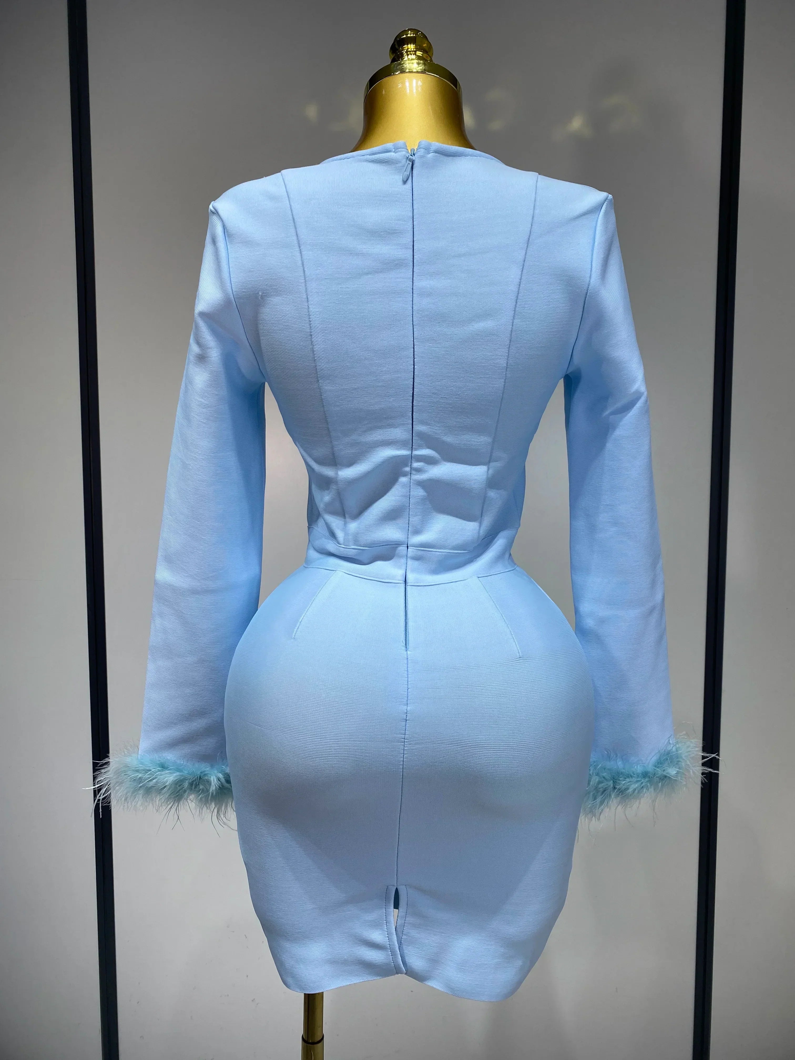 Women Fashion Sexy Long Sleeve Feathers Mini Bodycon Bandage Dress  Elegant Evening Party Club Luxury Birthday Dresses
