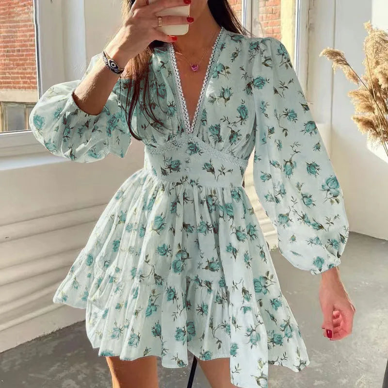 Vneck Lace Edge Midi Floral Dress
