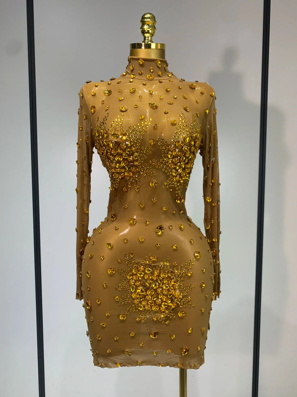 Sparkly Rhinestone Sexy Bodycon Dress New Fashion Nightclub Stage Outfit Luxury Birthday Party Dresses Gold