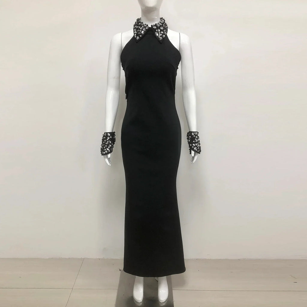 Luxury Diamond Neck Sexy Halter Sleeveless Steath Ankle Lenght Bandage Dress Graceful Woman Party Dress Birthday Party Vestido