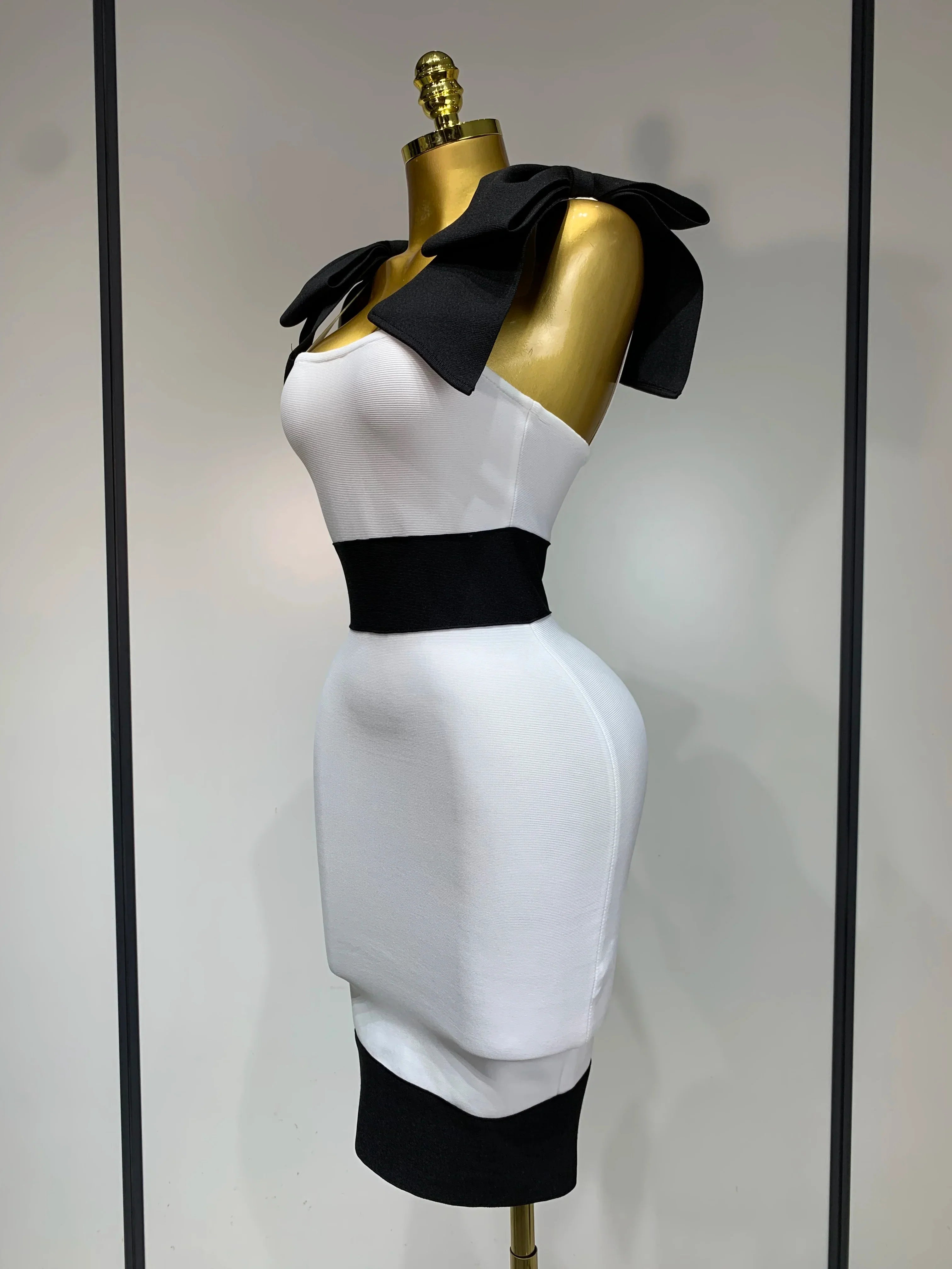 Women Sexy Bow Tie Black White Patchwork Bodycon Bandage Dress Celebrity  Elegant Evening Club Party Birthday Dresses