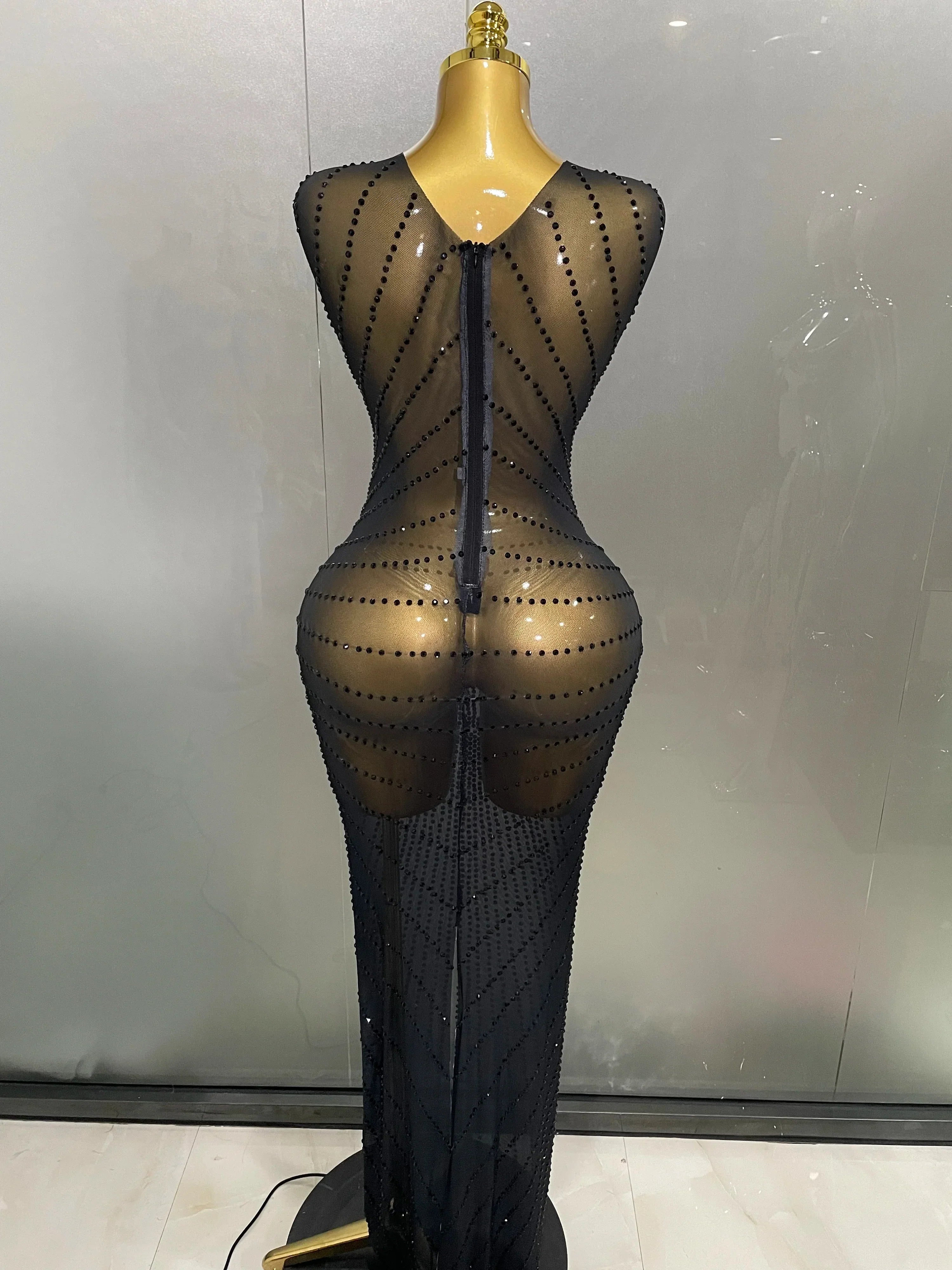Sexy Sparkly Rhinestones Sleeveless Long Dress  Women Birthday Celebrate Evening Photo Shoot Stage Performance Costume