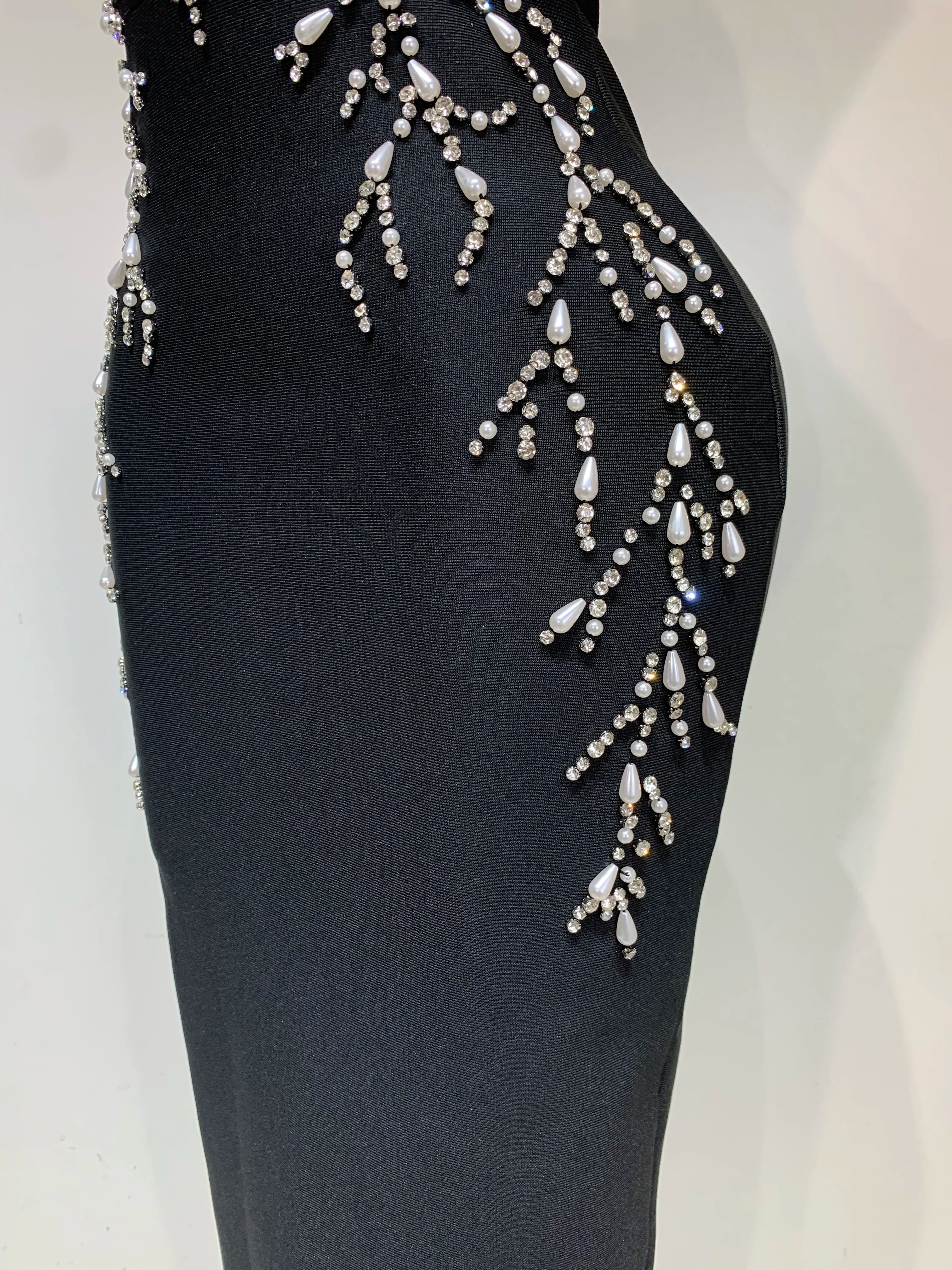 Women Sexy V Neck Black Beading Maxi Long Bodycon Bandage Dress Celebrity Elegant Evening Club Party Luxury Birthday Dress