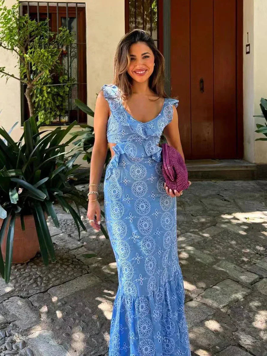 Blue Hollow Out Embroidered Midi Dress Women Summer V Neck Sleeveless Ruffle Long Dresses Elegant Fashion Holiday Vestidos