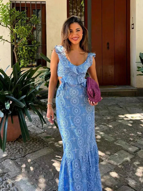 Blue Hollow Out Embroidered Midi Dress Women Summer V Neck Sleeveless Ruffle Long Dresses Elegant Fashion Holiday Vestidos