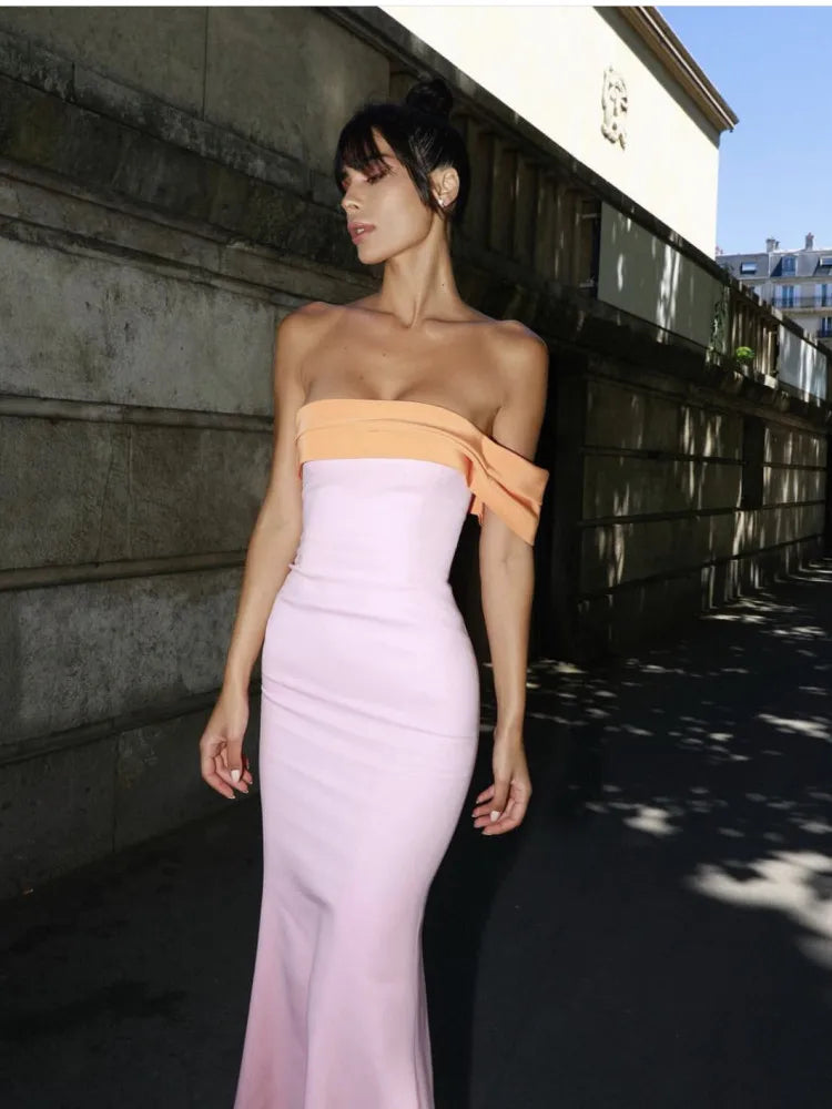 Pink Color Women Sexy Off the Shoulder Bodycon Bandage Long Maxi Dress Celebrate Evening Party Birthday Dress