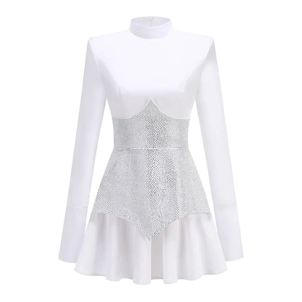 Black Red Women Long Sleeve Shinning Rhinestones A-Line Mini Dress Christmas Nightclub Party Celebrate Dress WHITE