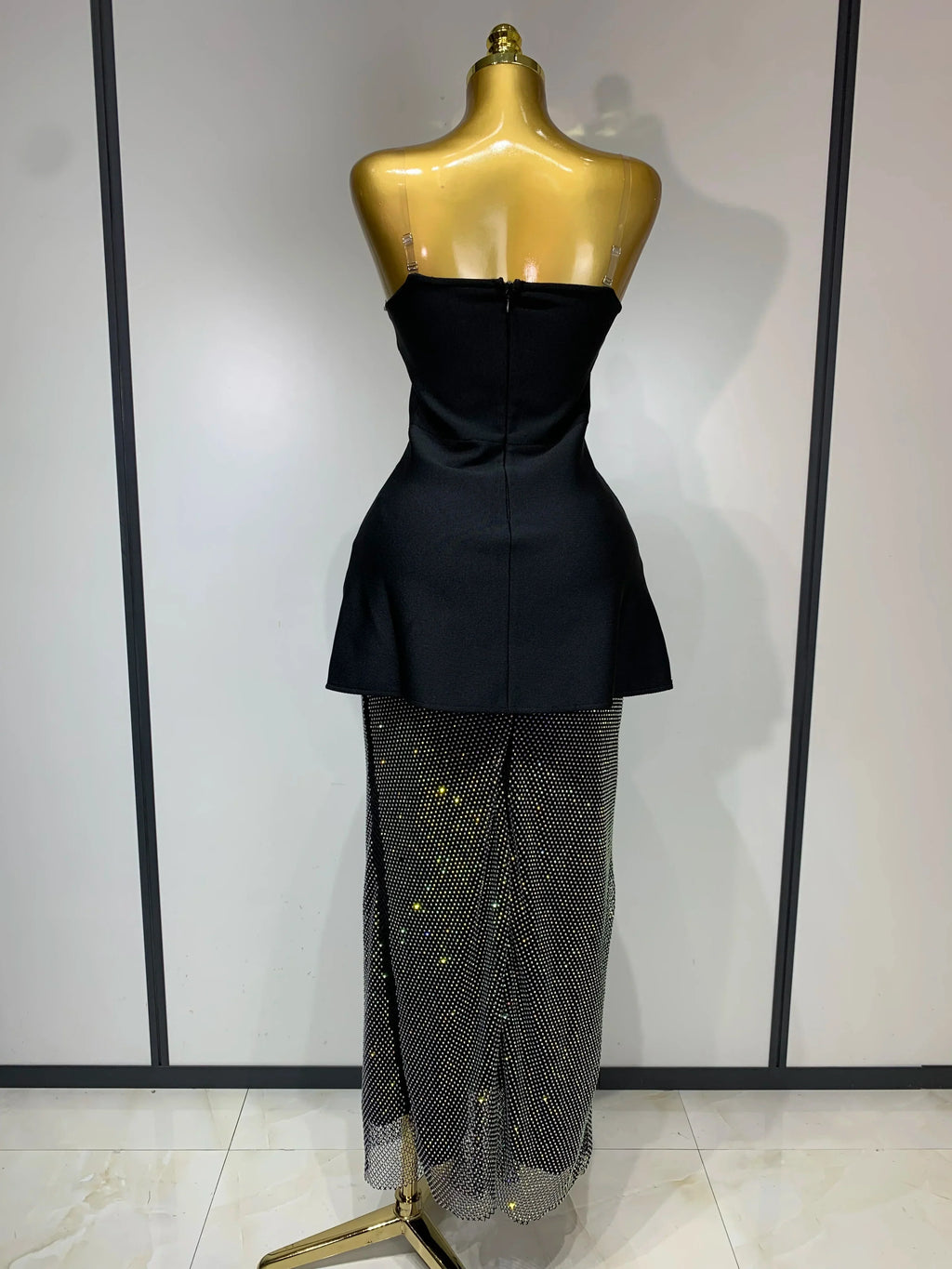 Black Design Sleeveless Rhinestone Top + Hot diamond Skirt Suit Evening Party Dress Nightclub Luxury Birthday Gown