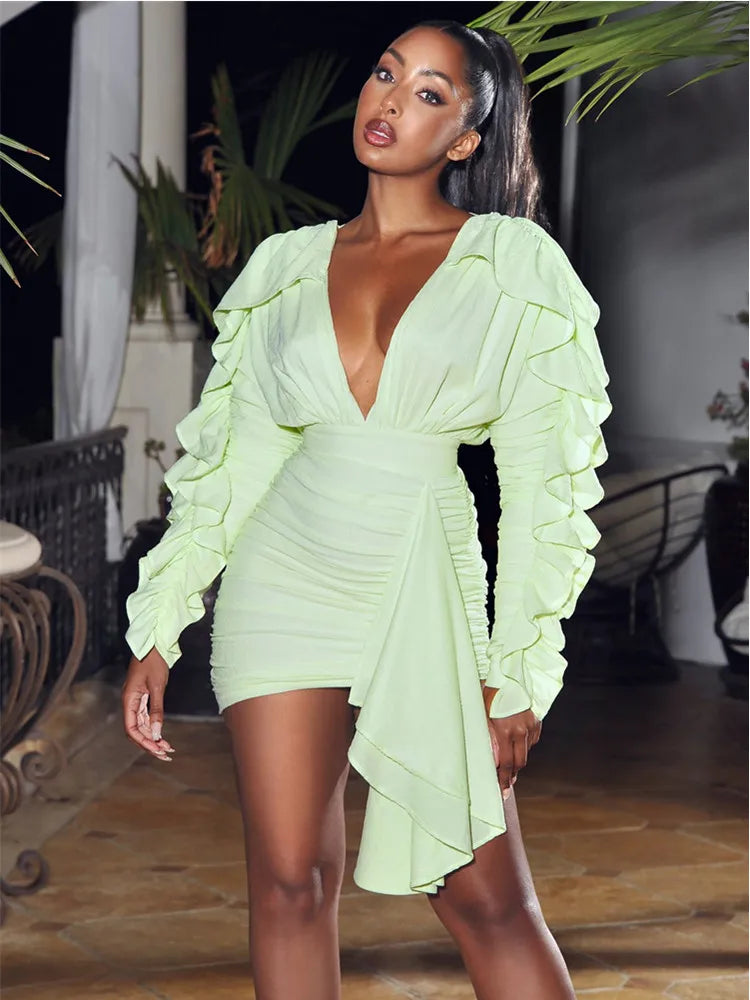 New Yellow Green Women Butterfly Sleeve Sexy Deep V-Neck Bodycon Mini Dress Fashion Nightclub Party Dress