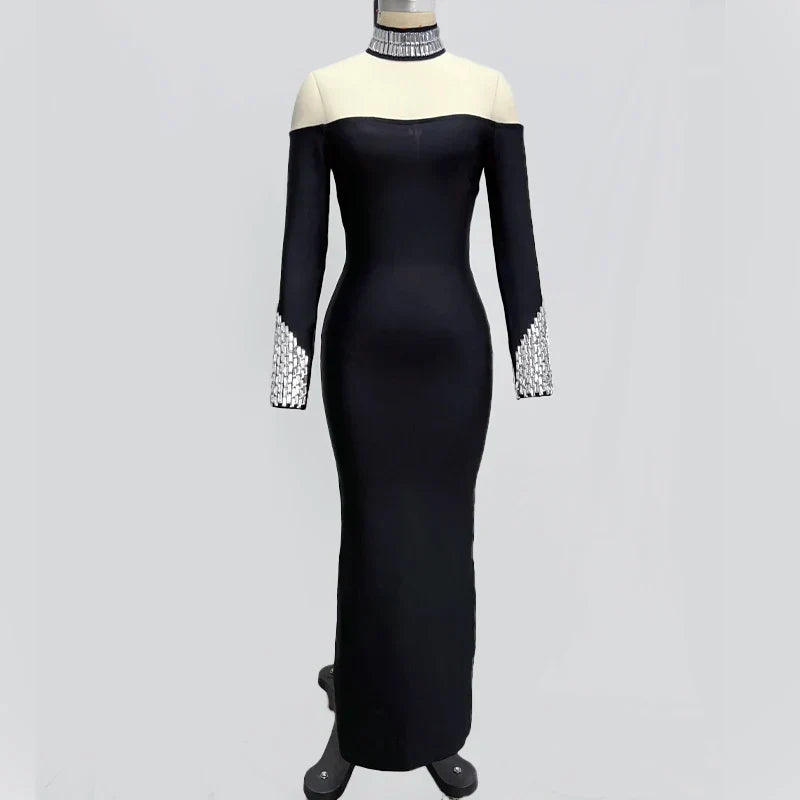 Fashion Sexy European And American Women Long Sleeve Black Sexy Round High Neck Color Long Sleeve Diamond Decoration Slim Dress