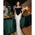 Sexy Off The Shoulder Package Hips Black Patchwork White Floor Length Dress Graceful Woman Party Dress Cocktail Party Outfit black