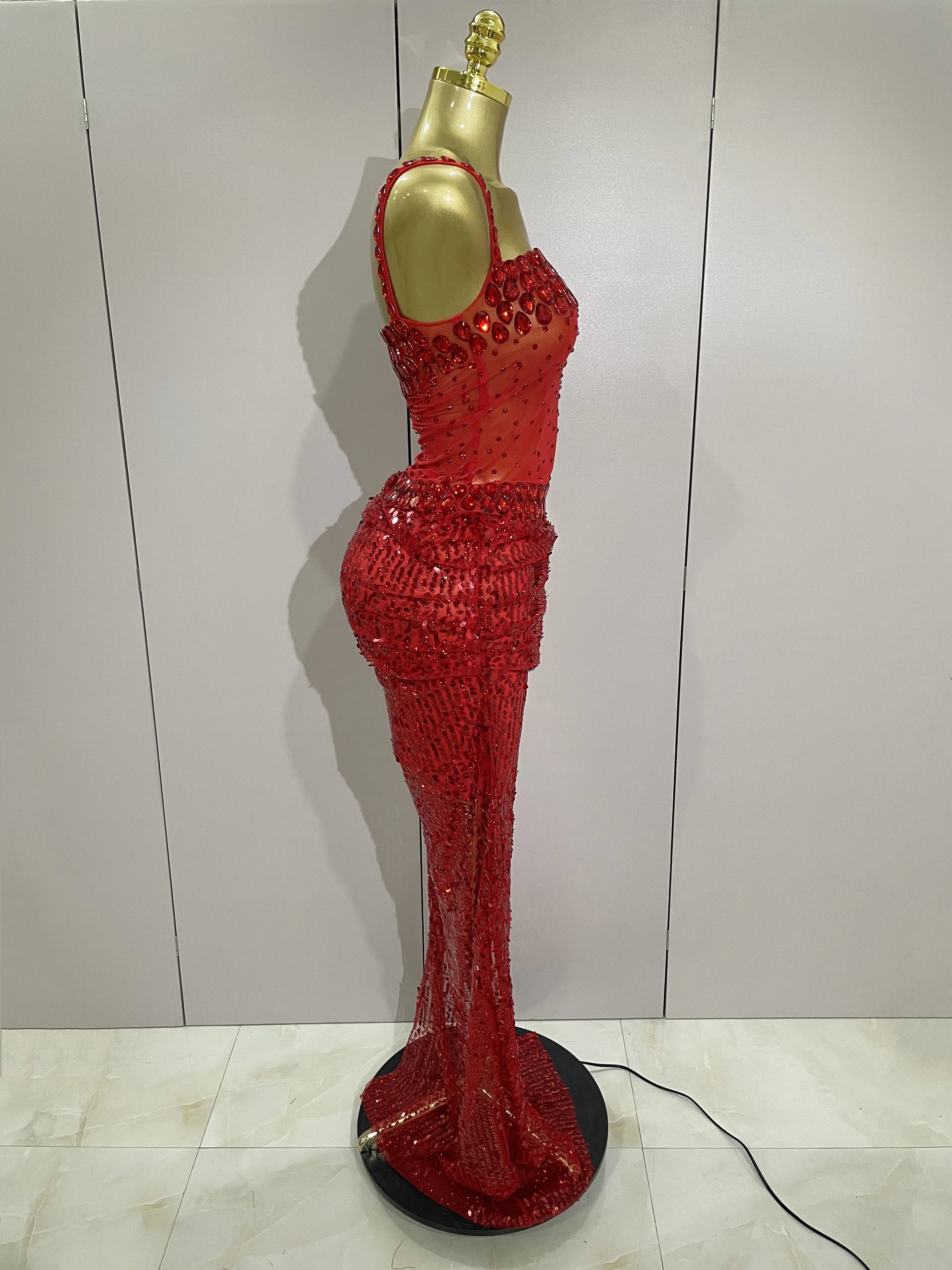 Sparkly Red Rhinestones Sequins Sexy See Through 2PCS Long Dress Women Celebrate Evening Birthday Party Dress Stage Costumes