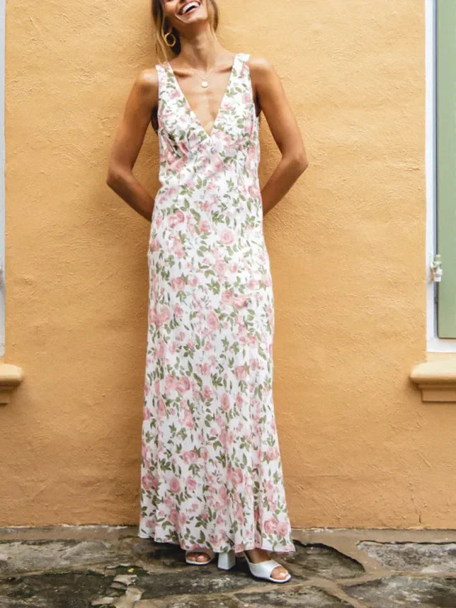 Vneck Laceup Sleeveless Floral Dress