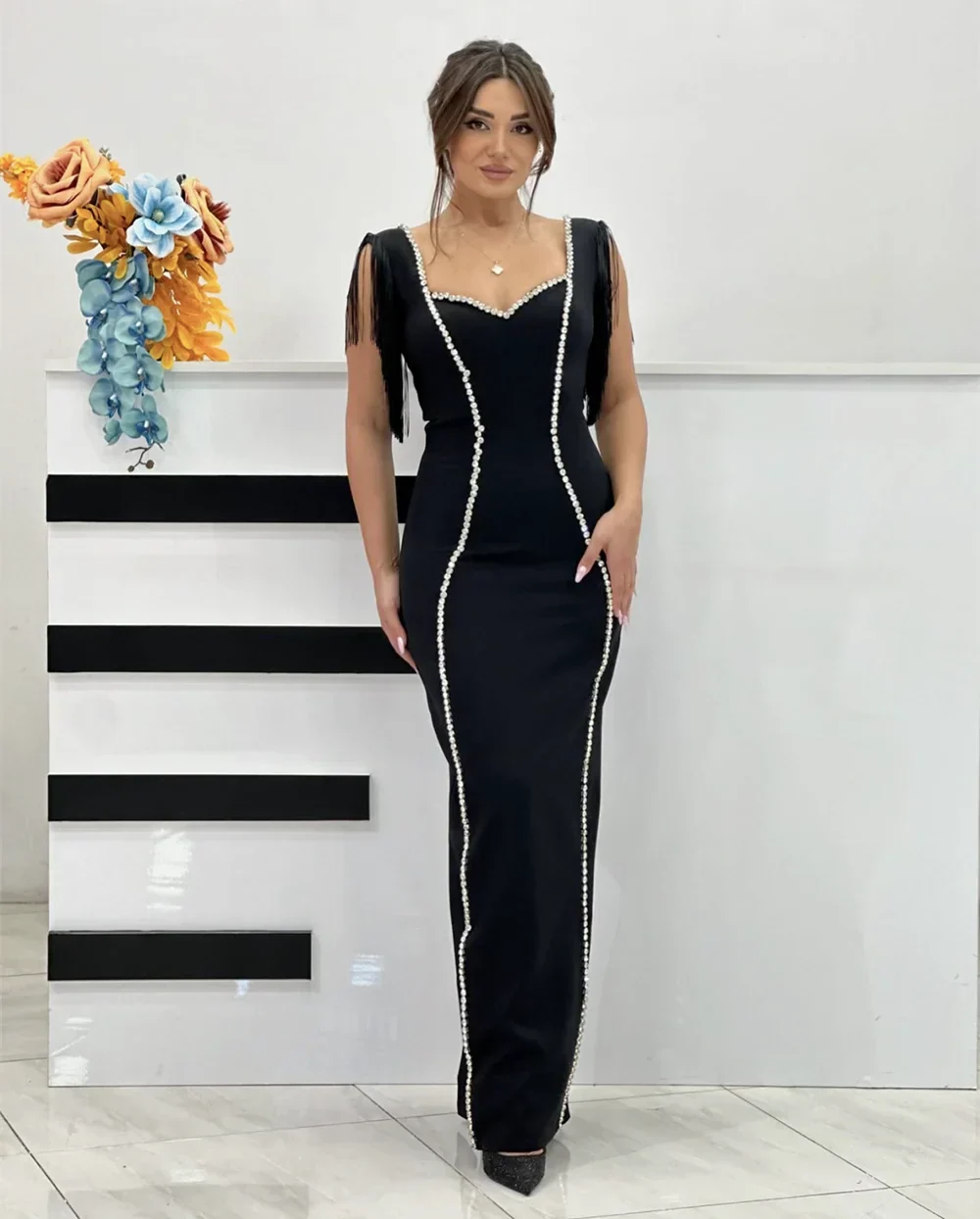Women Sleeveless Sexy Square Collar Tassels Bodycon Bandage Long Dress Celebrate Nightclub Evening Party Dress