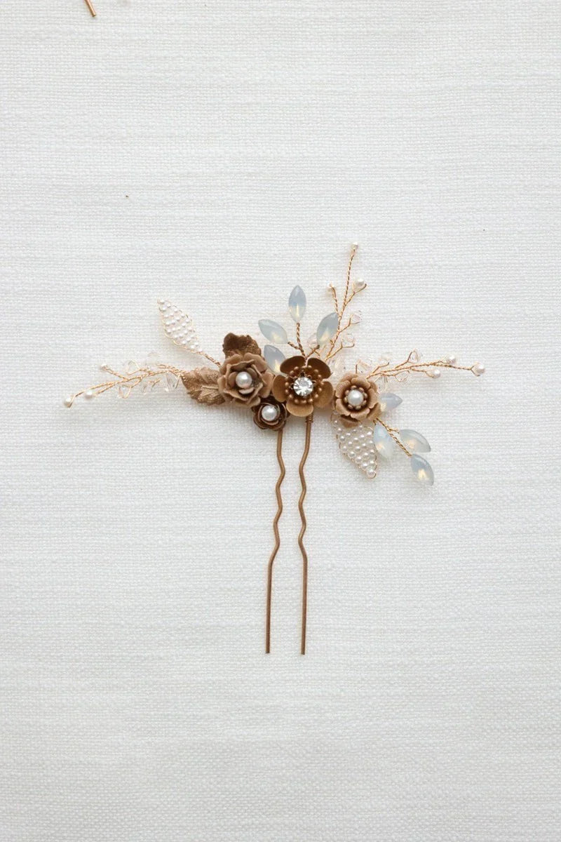 Bridal Jewelry Rhinestones Pearl Hair Pin Clip Leaf Flower Head Piece Brides Gift Vintage Gold Color Hairpin Wedding Accessories 3