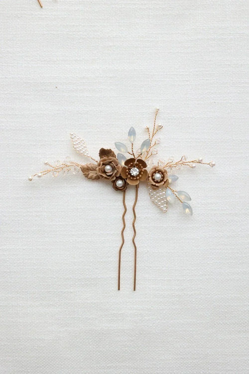 Bridal Jewelry Rhinestones Pearl Hair Pin Clip Leaf Flower Head Piece Brides Gift Vintage Gold Color Hairpin Wedding Accessories 3