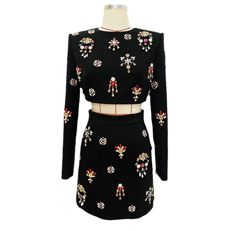 2024 Elegant Women's Light Luxury Nail Bead Short Skirt Set O-neck Long Sleeve Ultra Short Top+Mini Skirt Two piece Set black