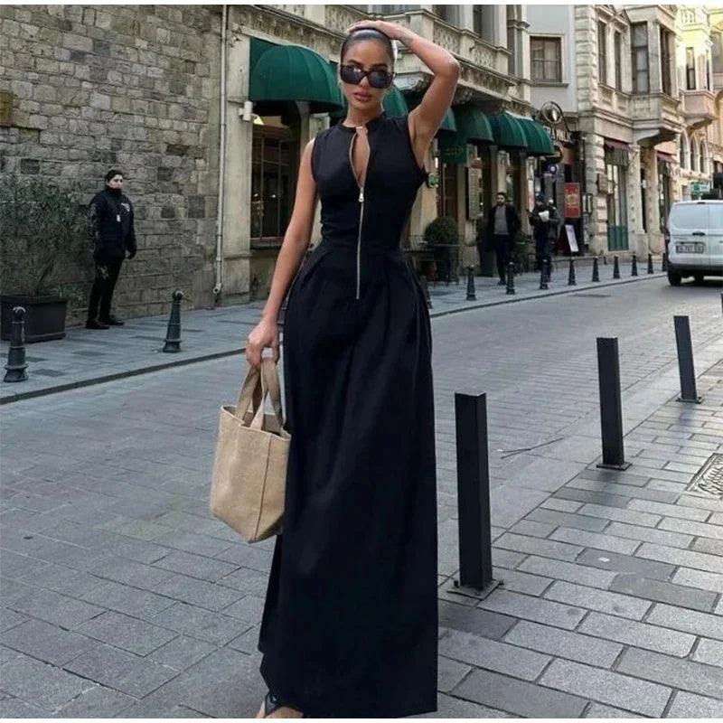 Sleeveless Spliced Zipper VNeck Pleated Work Dress