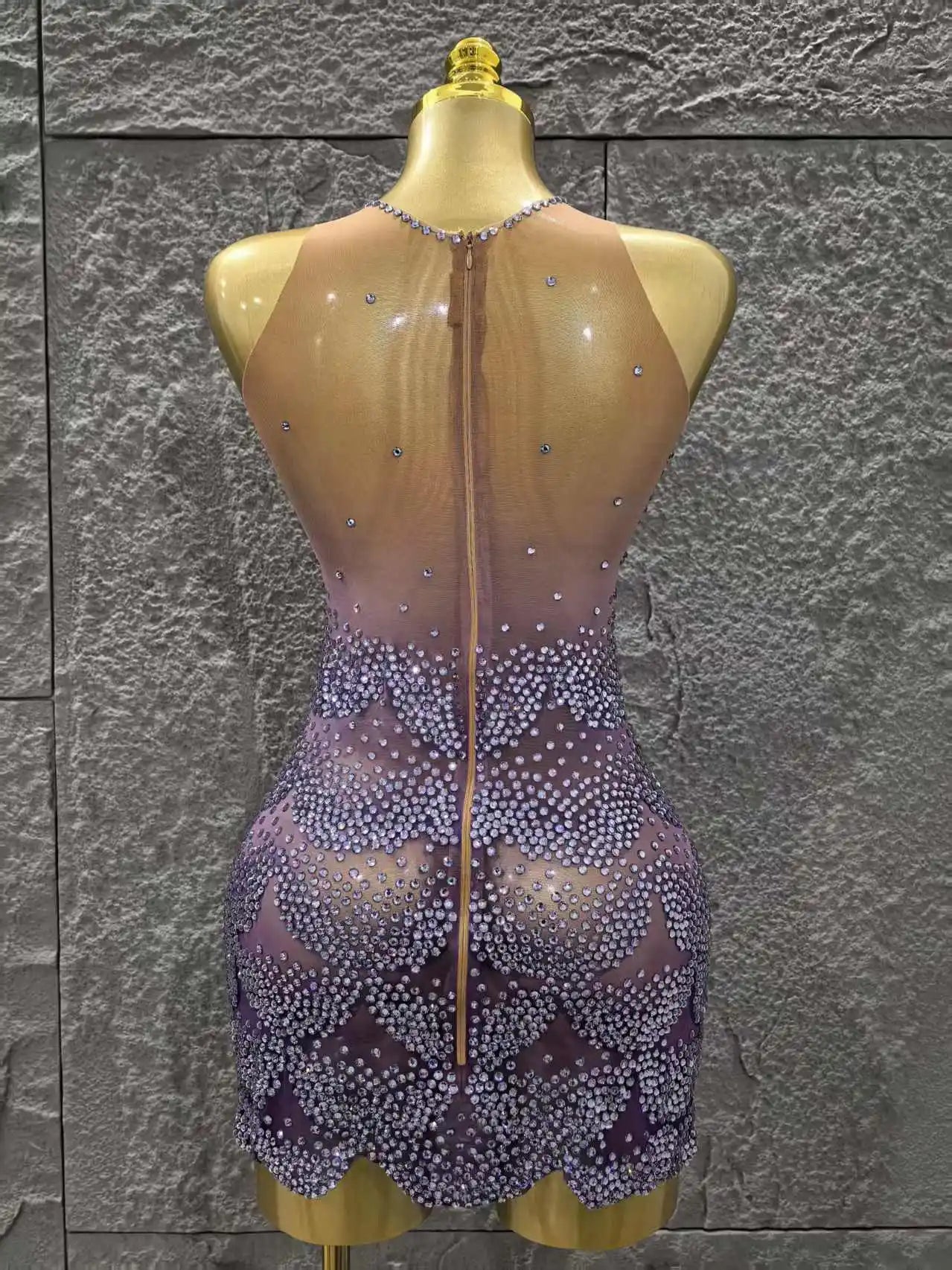 Purple Color Women Sexy Sleeveless Shinning Dimonds Bodycon Mini Dress Mesh See Through Celebrate Birthday Party Stage Wear